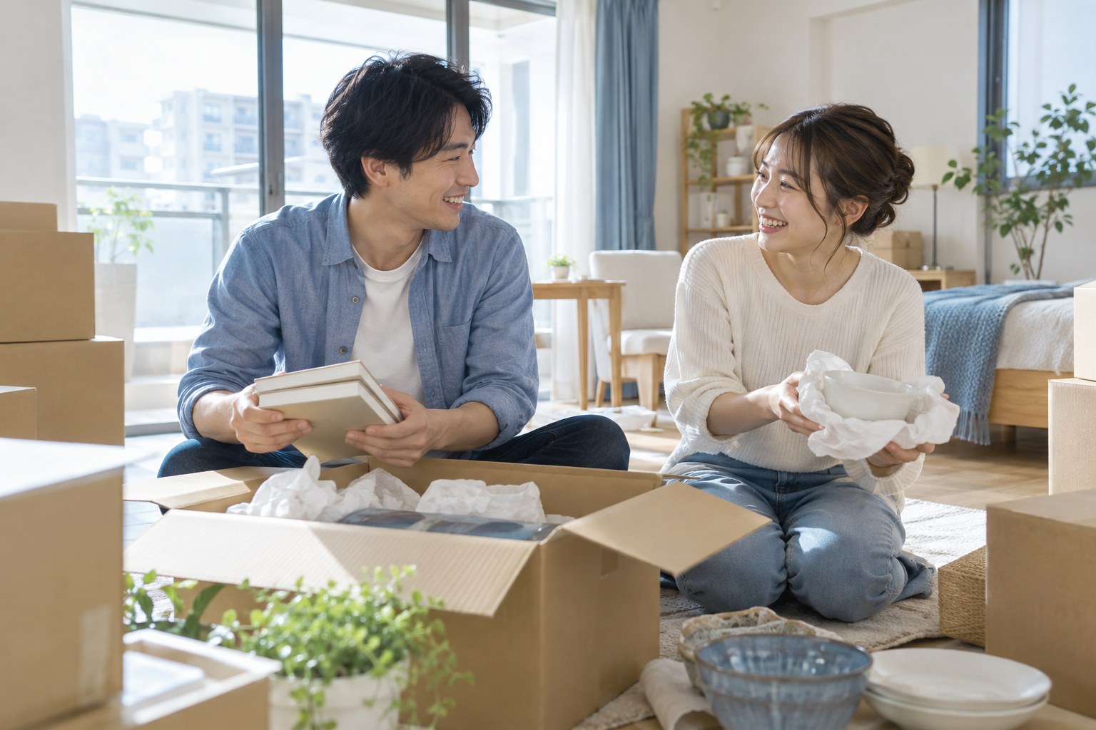 新居で荷ほどきをしながら会話する20代の夫婦
